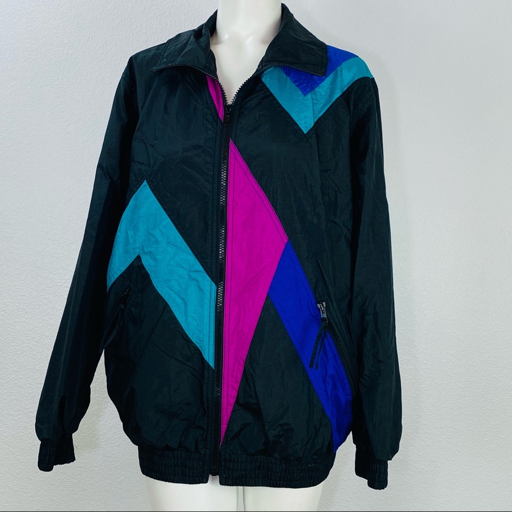 Vintage neyelle Women jacket Black With Blue Hot Pink Abstract